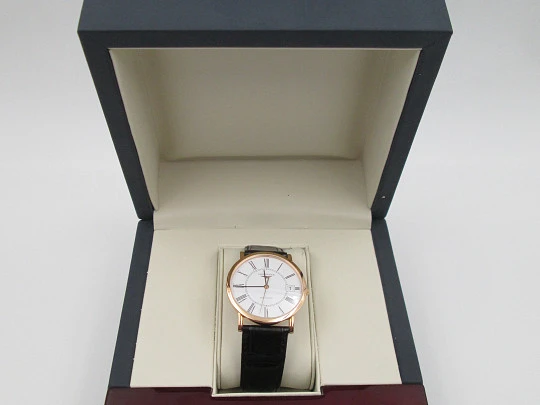 Longines Elegant. 18 karat pink gold. Automatic. Exhibition caseback. Calendar. Box