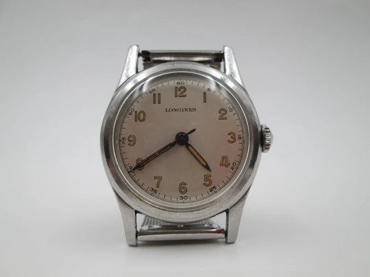 Longines militar. Acero inoxidable. Cuerda manual. Escala minutos. Brazalete. 1950