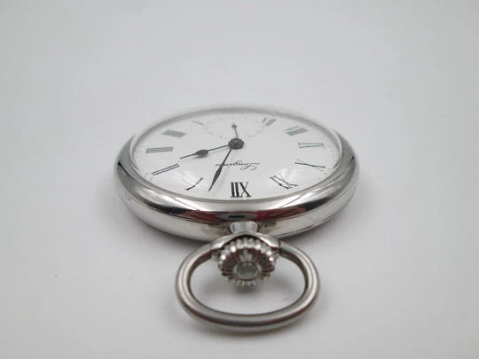 Longines open-faced pocket watch. Chromed steel. Manual wind. Wood box. 1960's. Swiss