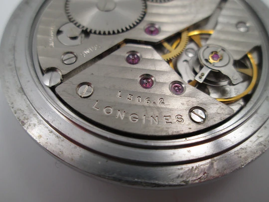 Longines open-faced pocket watch. Chromed steel. Manual wind. Wood box. 1960's. Swiss