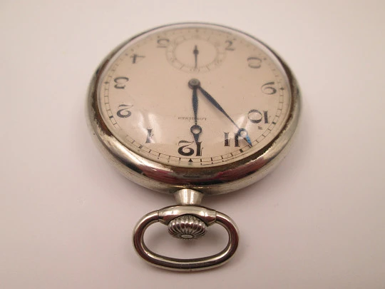 Longines open-faced pocket watch. Chromed steel. Stem-wind. Seconds hand. 1930's. Swiss