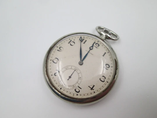 Longines open-faced pocket watch. Chromed steel. Stem-wind. Seconds hand. 1930's. Swiss