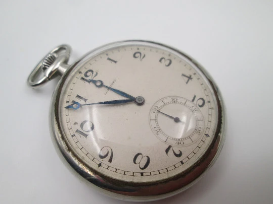 Longines open-faced pocket watch. Chromed steel. Stem-wind. Seconds hand. 1930's. Swiss