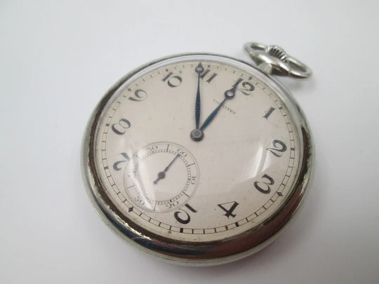 Longines open-faced pocket watch. Chromed steel. Stem-wind. Seconds hand. 1930's. Swiss