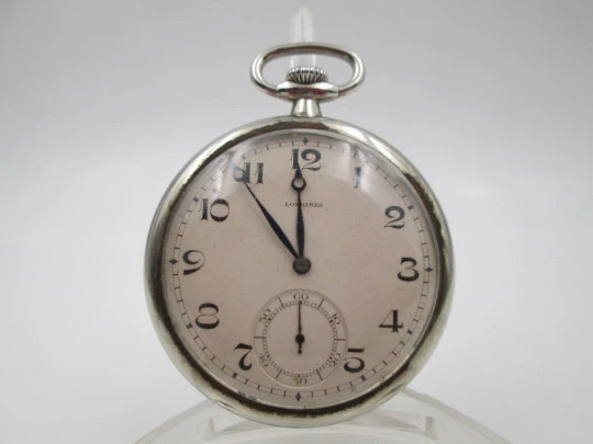 Longines open-faced pocket watch. Chromed steel. Stem-wind. Seconds hand. 1930's. Swiss
