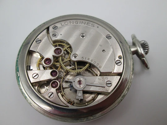 Longines open-faced pocket watch. Chromed steel. Stem-wind. Seconds hand. 1930's. Swiss