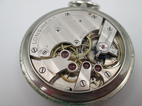 Longines open-faced pocket watch. Chromed steel. Stem-wind. Seconds hand. 1930's. Swiss