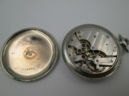 Longines open-faced pocket watch. Chromed steel. Stem-wind. Seconds hand. 1930's. Swiss