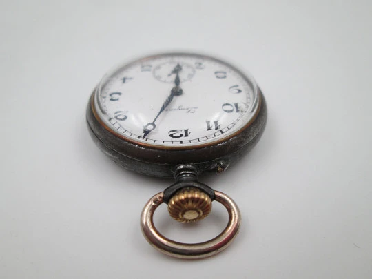 Longines open-faced pocket watch. Iron and gold plated. Stem-wind. Porcelain dial. 1890's