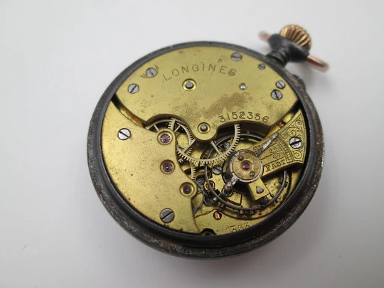 Longines open-faced pocket watch. Iron and gold plated. Stem-wind. Porcelain dial. 1890's