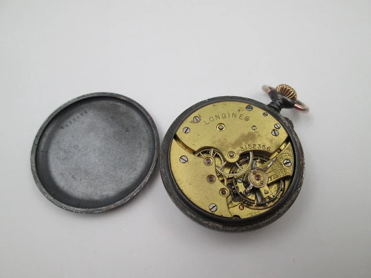 Longines open-faced pocket watch. Iron and gold plated. Stem-wind. Porcelain dial. 1890's