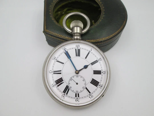 Longines travel watch with green leather case. Chromed steel. Remontoir. 1910's. Swiss