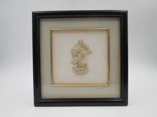 Miniature ivory openwork cross in wooden frame. Flowers, leaves and snake. 1930's