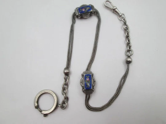 Multi-thread chatelaine. Sterling silver and enamel. Sliding pieces & carabiner clasp