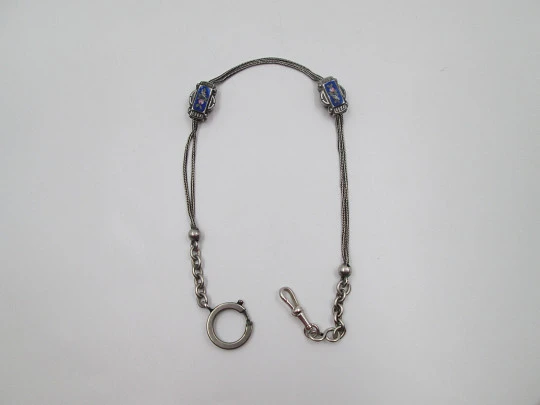 Multi-thread chatelaine. Sterling silver and enamel. Sliding pieces & carabiner clasp