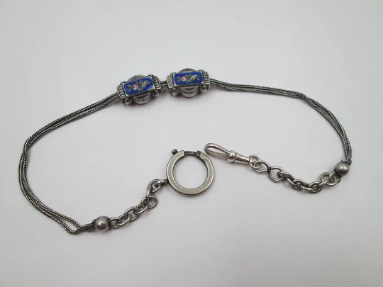 Multi-thread chatelaine. Sterling silver and enamel. Sliding pieces & carabiner clasp