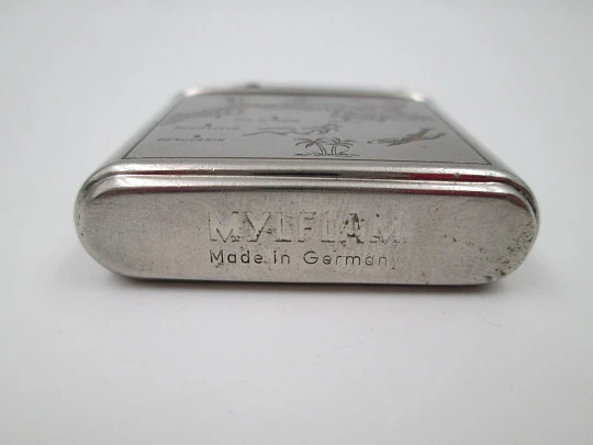 Mylflam Bob petrol pocket lighter. Silver plated metal. Europe-Africa map. Box. 1950's