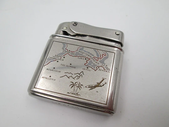 Mylflam Bob petrol pocket lighter. Silver plated metal. Europe-Africa map. Box. 1950's