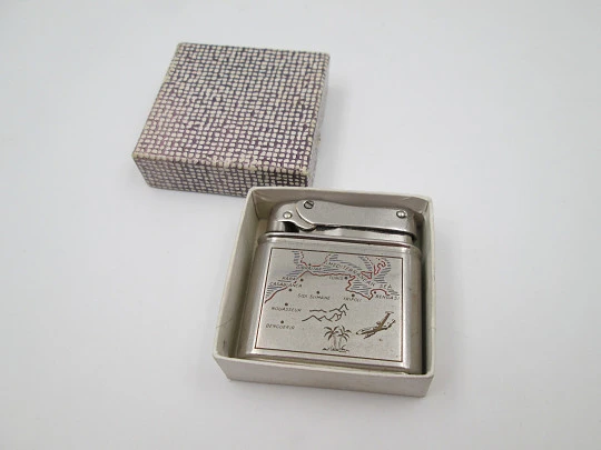 Mylflam Bob petrol pocket lighter. Silver plated metal. Europe-Africa map. Box. 1950's