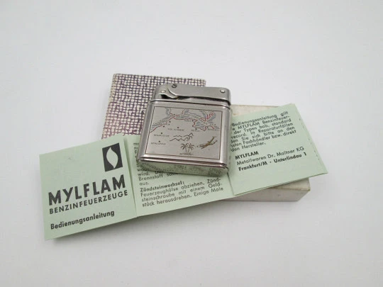 Mylflam Bob petrol pocket lighter. Silver plated metal. Europe-Africa map. Box. 1950's