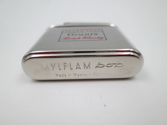 Mylflam Bob petrol pocket lighter. Silver plated metal. Whisky Grant's. West Germany. 1950's