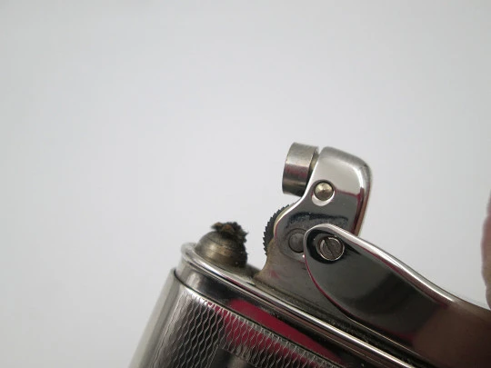 Mylflam Bob petrol pocket lighter. Silver plated metal. Whisky Grant's. West Germany. 1950's