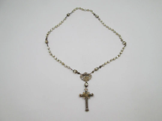 Nacre and silver vermeil filigree rosary. Virgin Mary anagram and crucifix. Spain. 1910's