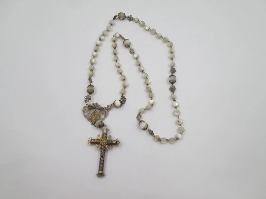 Nacre and silver vermeil filigree rosary. Virgin Mary anagram and crucifix. Spain. 1910's