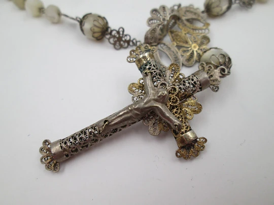 Nacre and silver vermeil filigree rosary. Virgin Mary anagram and crucifix. Spain. 1910's