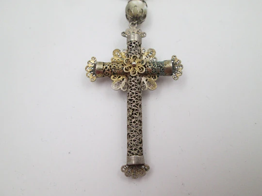 Nacre and silver vermeil filigree rosary. Virgin Mary anagram and crucifix. Spain. 1910's