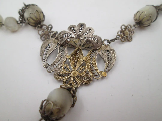 Nacre and silver vermeil filigree rosary. Virgin Mary anagram and crucifix. Spain. 1910's