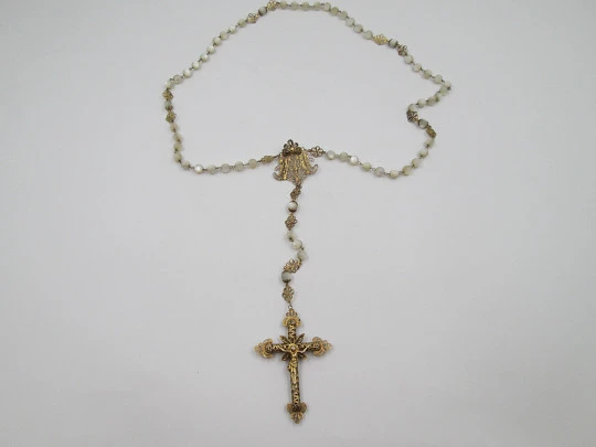 Nacre and sterling silver vermeil filigree rosary. Virgin Mary anagram and crucifix