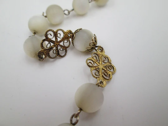 Nacre and sterling silver vermeil filigree rosary. Virgin Mary anagram and crucifix