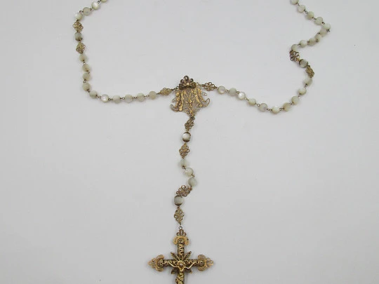 Nacre and sterling silver vermeil filigree rosary. Virgin Mary anagram and crucifix