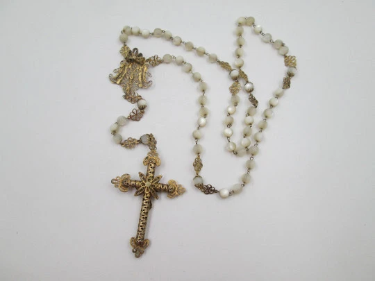 Nacre and sterling silver vermeil filigree rosary. Virgin Mary anagram and crucifix