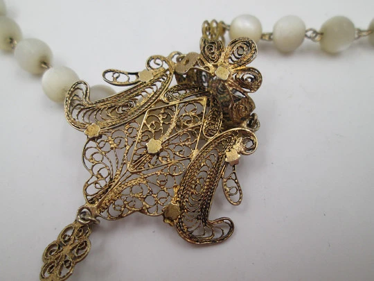 Nacre and sterling silver vermeil filigree rosary. Virgin Mary anagram and crucifix