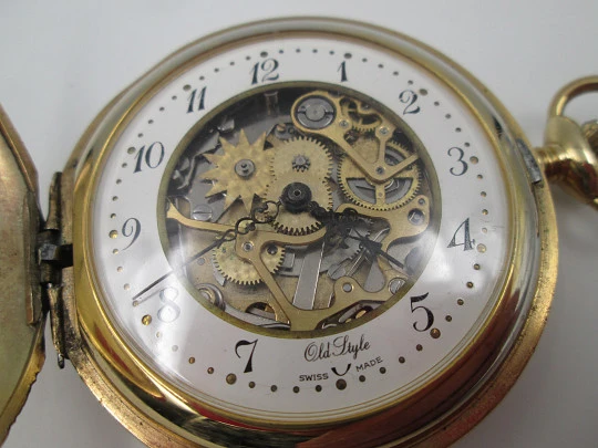 Old Style chiming pocket watch. Gold plated metal. Manual wind. Skeleton dial. 1960's