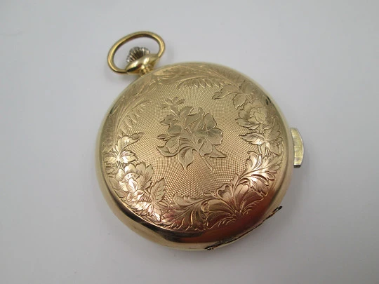 Old Style chiming pocket watch. Gold plated metal. Manual wind. Skeleton dial. 1960's