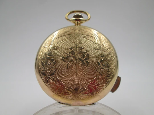 Old Style chiming pocket watch. Gold plated metal. Manual wind. Skeleton dial. 1960's