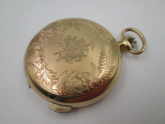 Old Style chiming pocket watch. Gold plated metal. Manual wind. Skeleton dial. 1960's