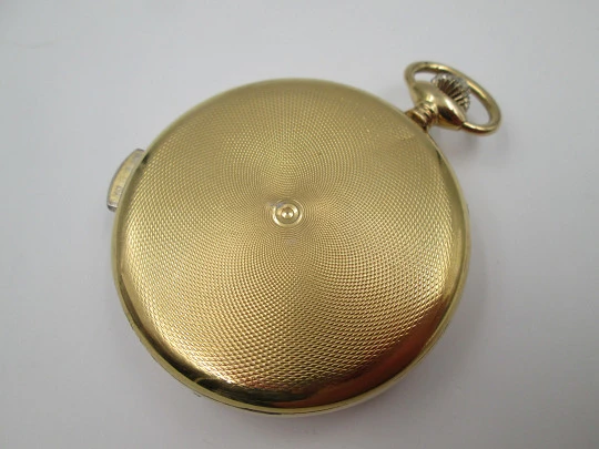 Old Style chiming pocket watch. Gold plated metal. Manual wind. Skeleton dial. 1960's