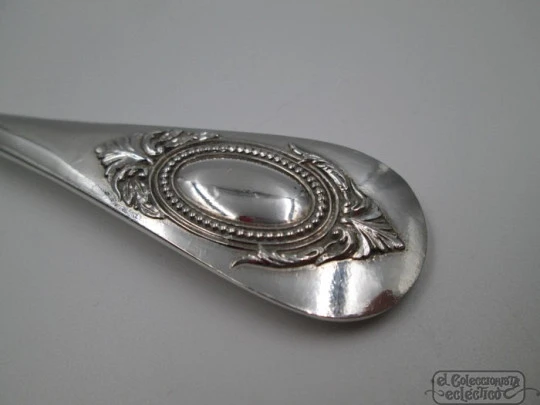 Olives serving spoon. 800 sterling silver. Openwork shell bowl. Box. Europe. 1940's