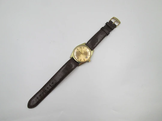 Omega Genève. 20 micron gold plated and steel. Automatic. Calendar. Strap. 1960's