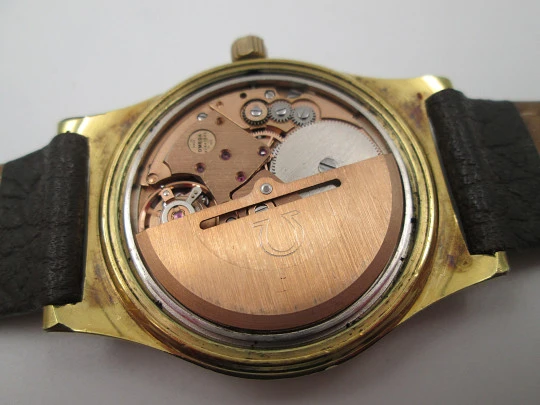 Omega Genève. 20 micron gold plated and steel. Automatic. Calendar. Strap. 1970's