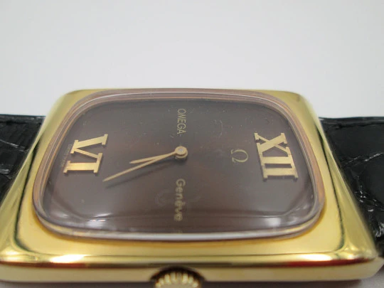 Omega Genève. Gold plated and steel. Manual wind. Tiger's eye dial. Original box. 1970's