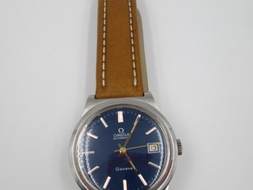 omega genève stainless steel automatic blue dial 1970's