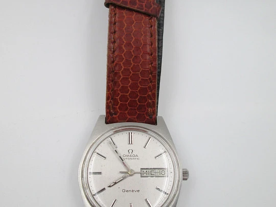 Omega Genève. Stainless steel. Automatic. Date & day. Leather strap. 1960's. Swiss