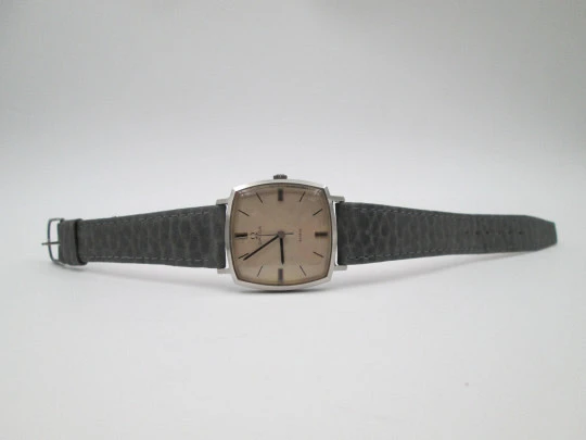 Omega Genève. Stainless steel. Manual wind. Grey dial. TV format. Leather strap. 1960's