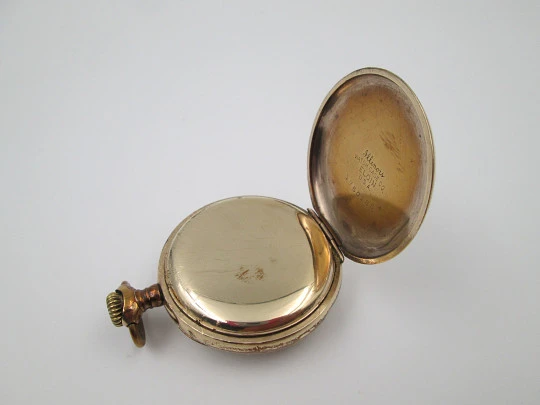 Omega open-faced pocket watch. Gold plated metal. Stem-wind. Porcelain dial. 1900's. Swiss