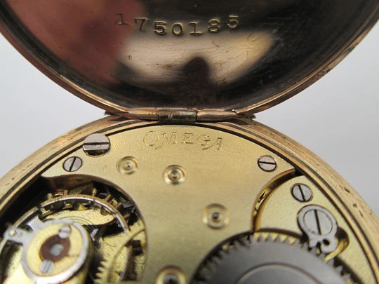 Omega open-faced pocket watch. Gold plated metal. Stem-wind. Porcelain dial. 1900's. Swiss